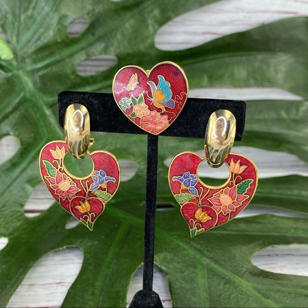 Vintage 70s Chunky Floral Heart Stained Glass Look Earrings Brooch Set Red Multi